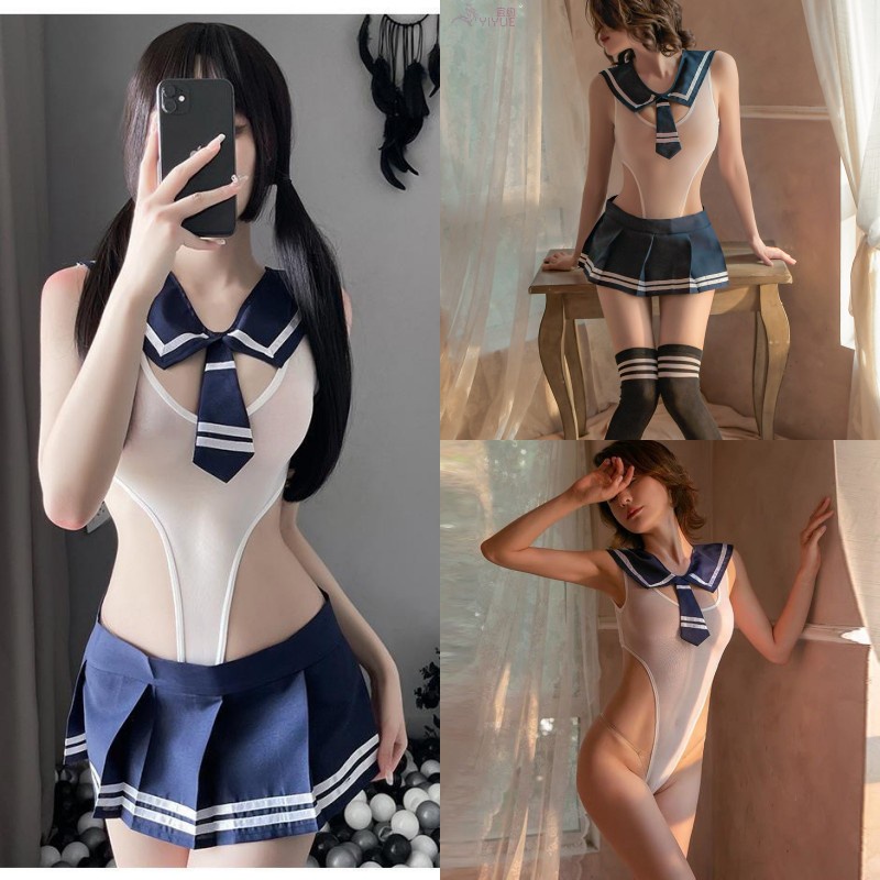 Lingerie Sexy Cosplay Seragam jumpsuit  V-Neck Transparan JK Mini Rok lingerie Set 3A201