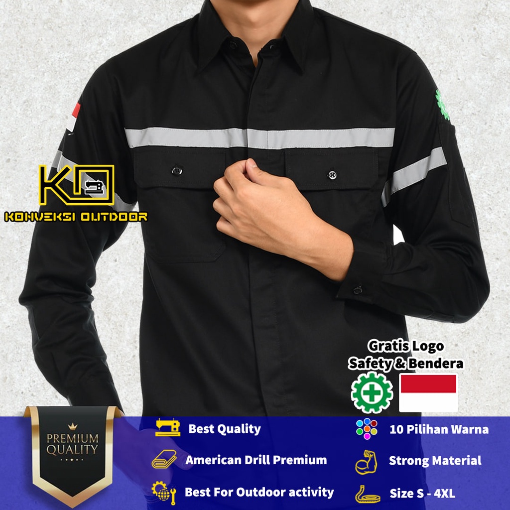 KEMEJA WEARPACK BAJU SAFETY K3 OUTDOOR INDOOR - Seragam Kemeja Kerja Lapangan Lengan Panjang Proyek Bangunan Tambang Alat Berat PLN Enginer Instalasi Mesin werpek sefti Scotlit Warna Hitam Konveksi Outdoor