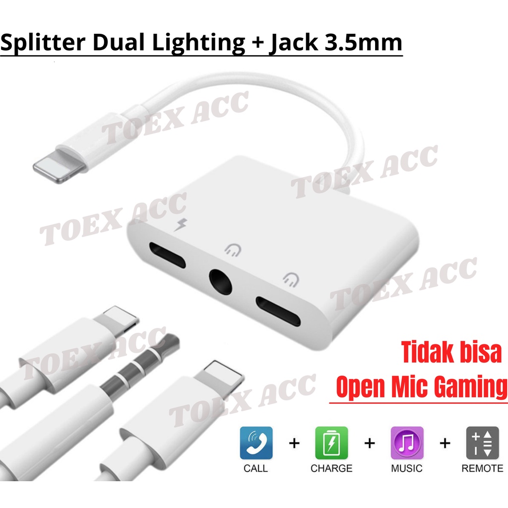 Kabel Splitter Headset 3in1 Dual Lightning + Audio Jack 3.5mm for iP - Adapter Converter