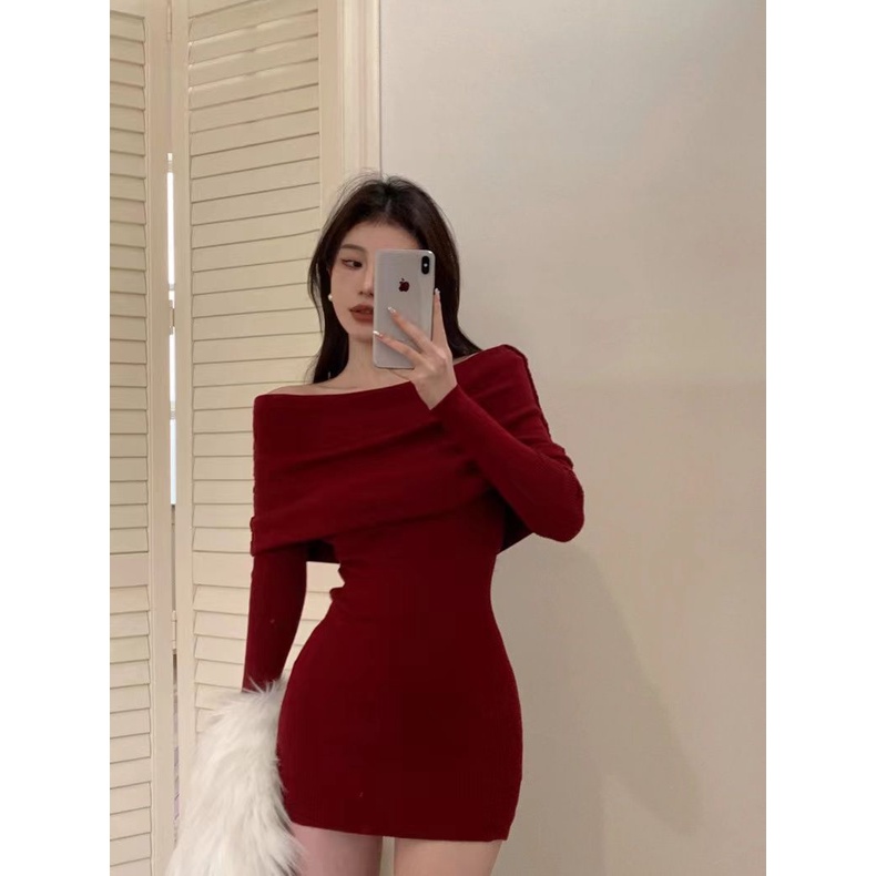 Red Retro Temperamen Merah Satu Bahu Lengan Panjang Gaun Wanita Musim Gugur dan Musim Dingin Diri Budidaya Slim Ibu Tiri Rok tas Rok Pinggul