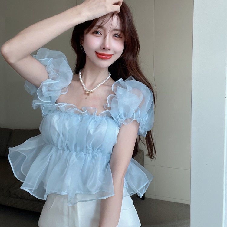 Red Satu bahu keinginan murni kemeja kecil wanita 2022 musim semi dan musim panas gaya baru tipis dan manis off-the-shoulder kerah persegi lengan engah super peri tren teratas