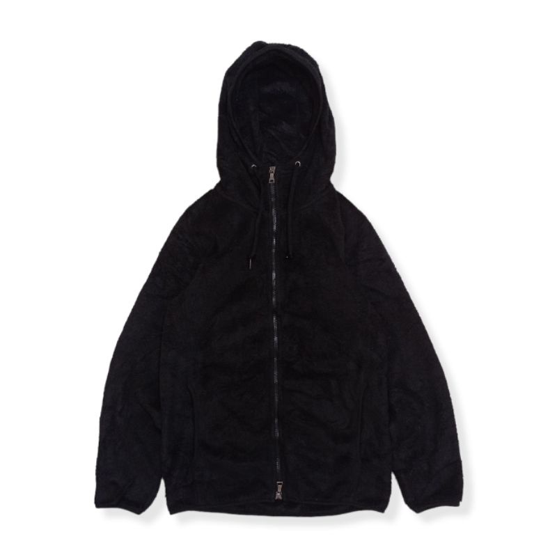 Jaket zip hoodie uniqlo fleece sherpa luar hitam second