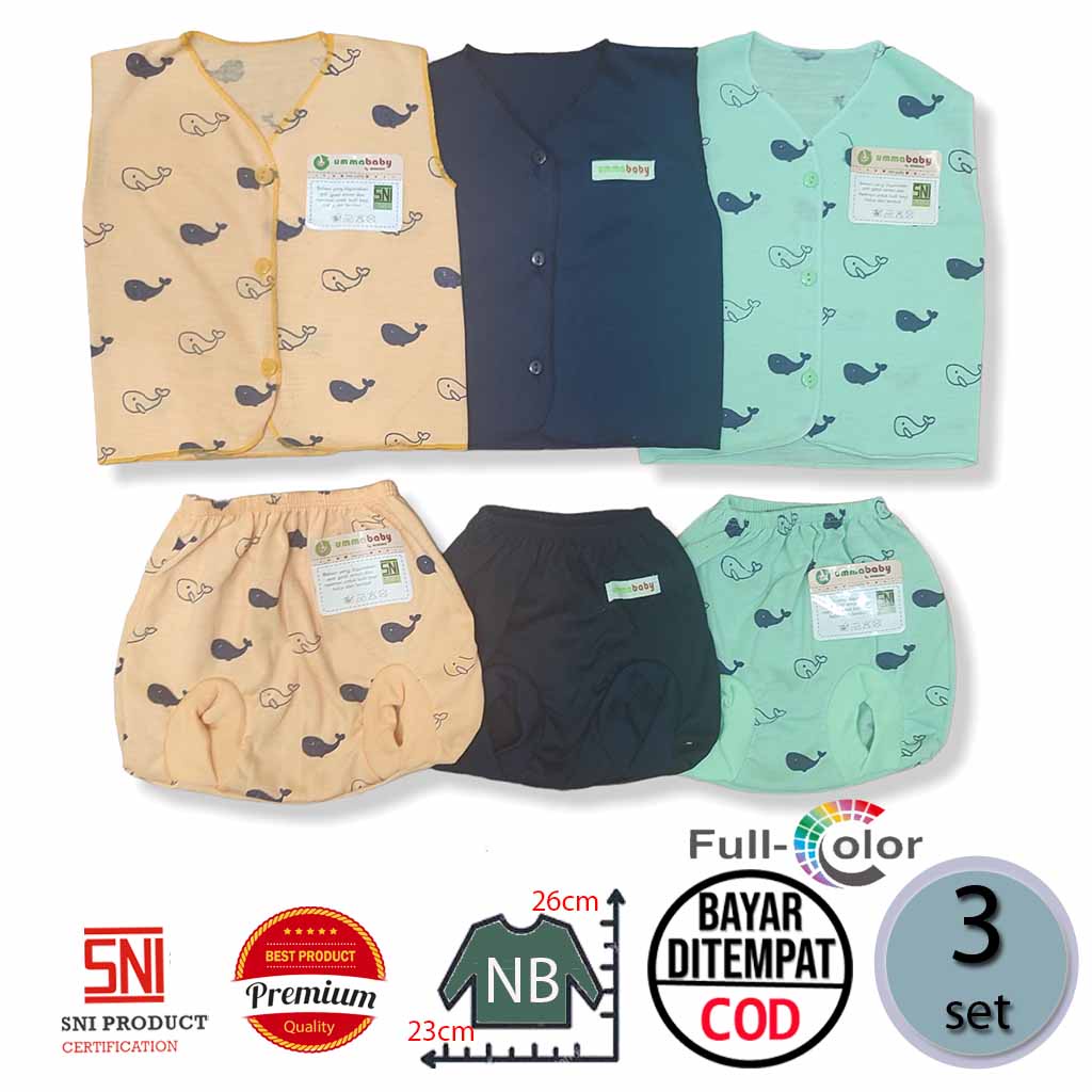 Isi 6 pcs Baju Bayi Kutung Celana Bayi 3 Set Baju Lengan Buntung Perlengkapan Bayi Baru Lahir Gift Set Baby Newborn Kado Murah Paus Sarna