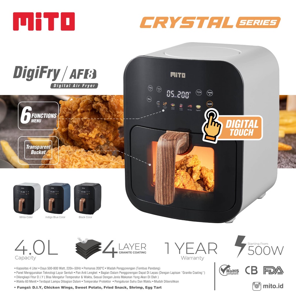 Mito Air Fryer AF8 Kapasitas 4 Liter | Penggoreng Menggoreng tanpa Minyak Mitochiba Wadah Transparan Garansi Resmi