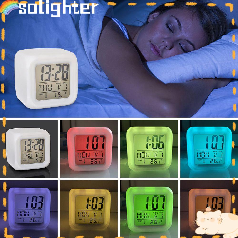 Solighter Jam Weker Meja Samping Tempat Tidur Dekorasi Rumah Lampu Malam Suhu Kalender Angka Clock LED Digital