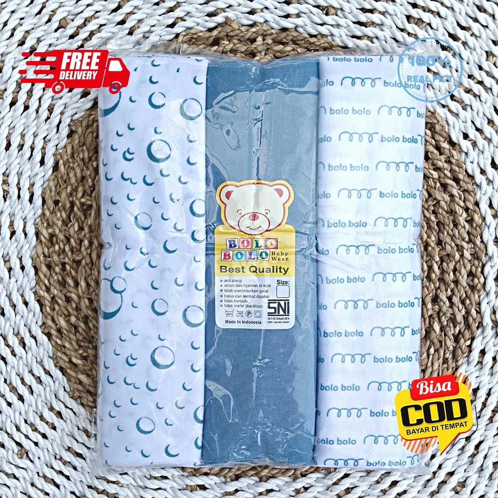 SALE 7.7 - 3 PCS Bedong Kaos Bayi Serian Biru Pernel Bayi ukuran 90x110cm Bolo-Bolo Serian BIRU