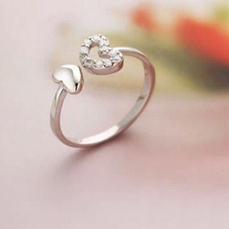 Cincin Hati Ganda Untuk Wanita Pembukaan Dapat Disesuaikan Berlian Imitasi Simple Ring
