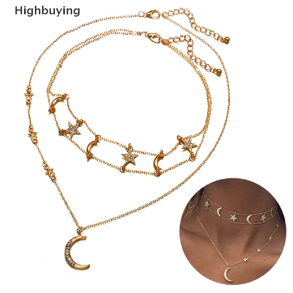 Hbid Boho Multilayer Emas Bulan Bintang Liontin Kalung Rantai Wanita Choker Perhiasan Hadiah Glory