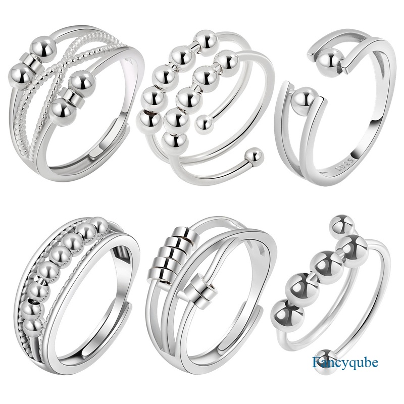 925 Sterling Silver Anxiety Ring Untuk Wanita Pria Fidget Rings For Anxiety Spinning Bead Adjustable Stacking Spinner Band Ring