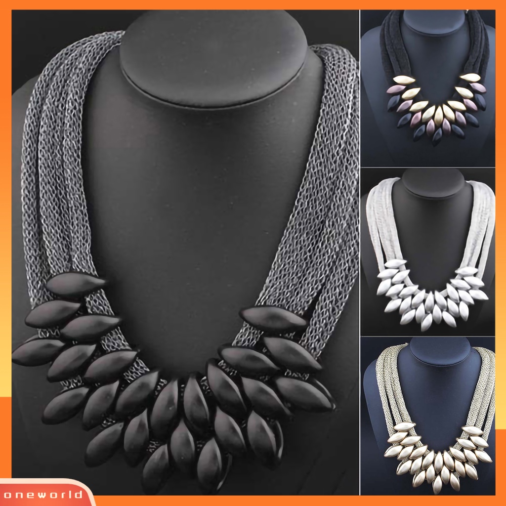 {oneworld} Bib Kalung Multi-layer Braided Alloy Liontin Daun Statement Choker Necklace Untuk Pesta