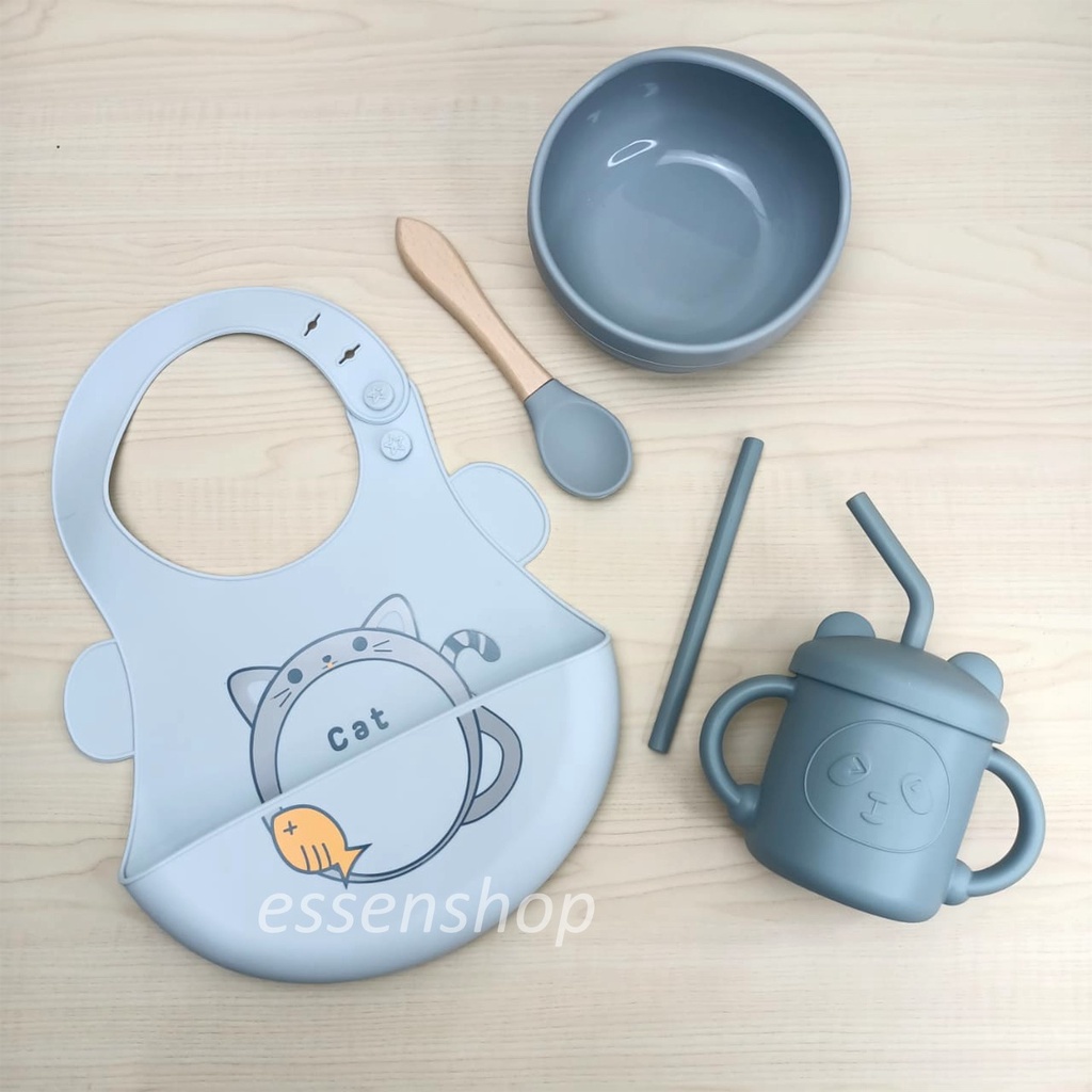 Feeding set silicone bowl cup slabber silikon mangkok gelas sedotan celemek
