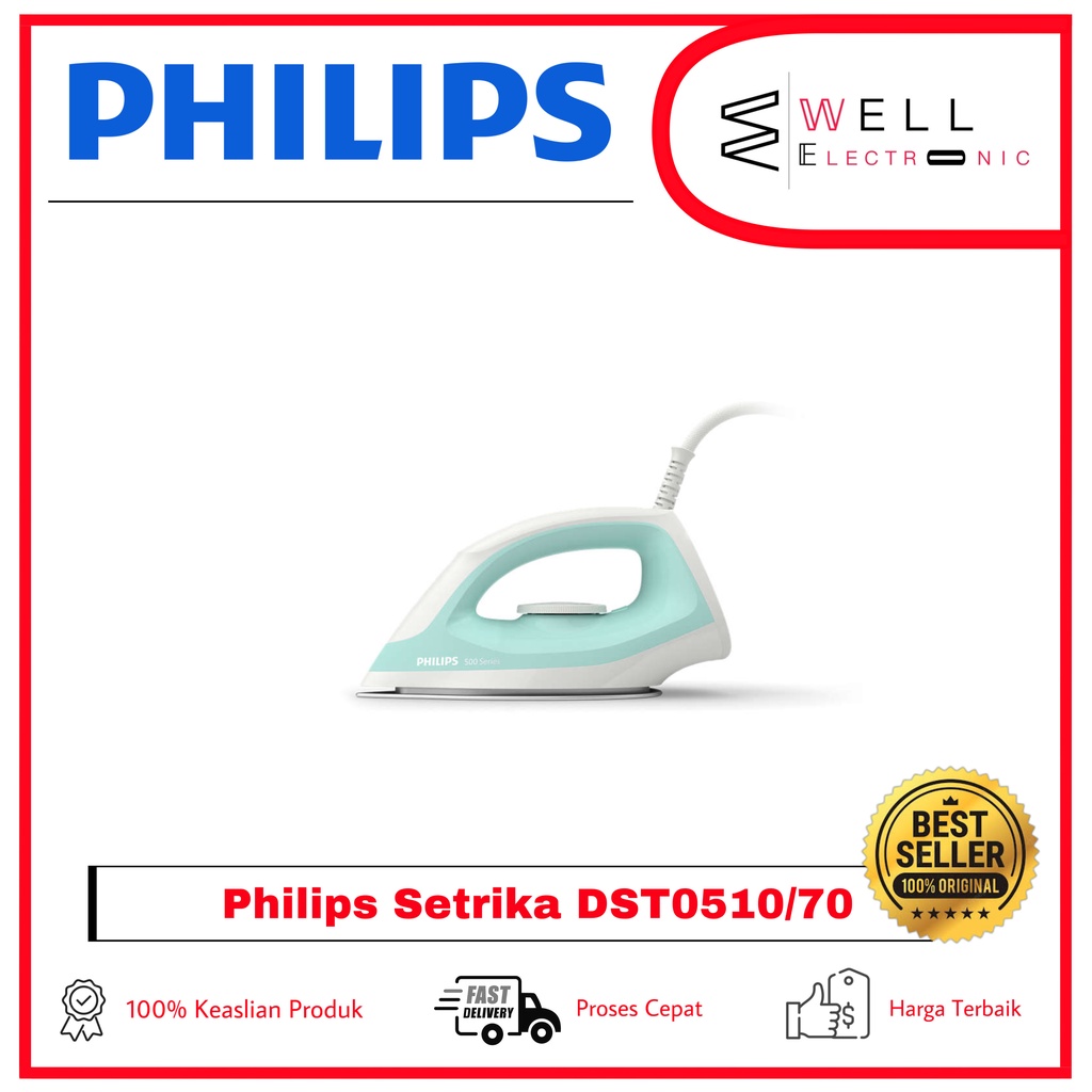 PHILIPS Dry Iron DST0510/70 Tapak Non-stick Setrika Kering DST 0510 Garansi Resmi - Hijau