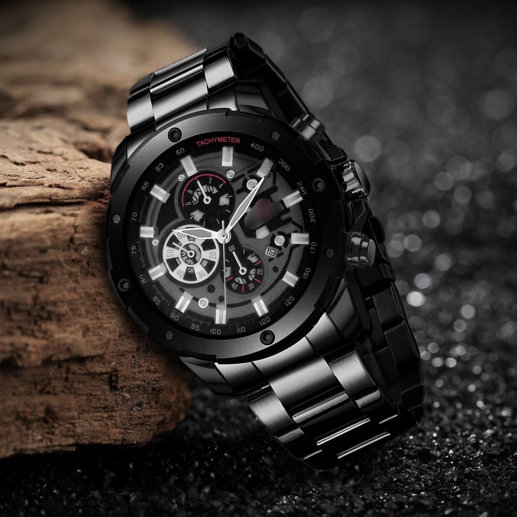 BISA COD✅ Jam tangan pria S6411 Strap Rantai Stainless Chrono Variasi Tanggal Aktif Free Batrai