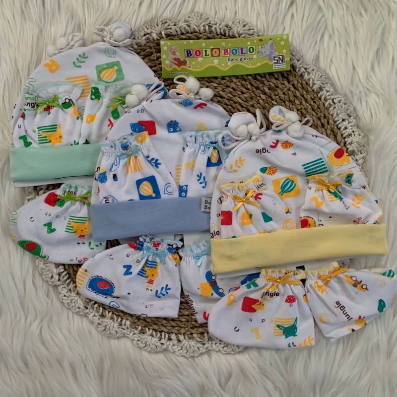 Topi Set Bayi + Sarung Tangan dan Kaki Bayi motif JUNGLE KOMBINASI NEWBORN