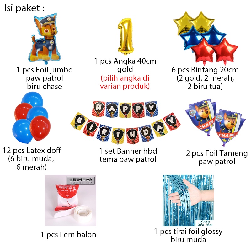 [PAKET] BIRTHDAY Set BANNER PAW PATROL BLUE CHASE Dekorasi Pesta Backdrop Ulang Tahun Anak