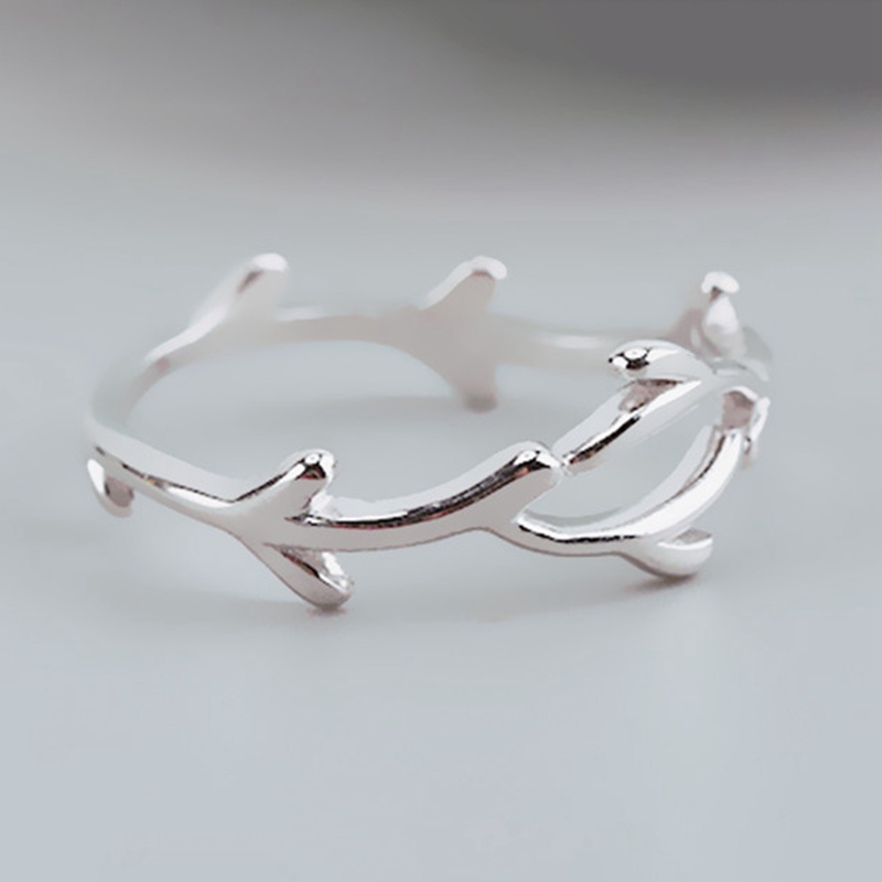 Cincin Cabang Sederhana Daun Tipis Warna Silver Dapat Disesuaikan Untuk Wanita Ladies Gadis Trendi Fashion Jari Perhiasan Hadiah
