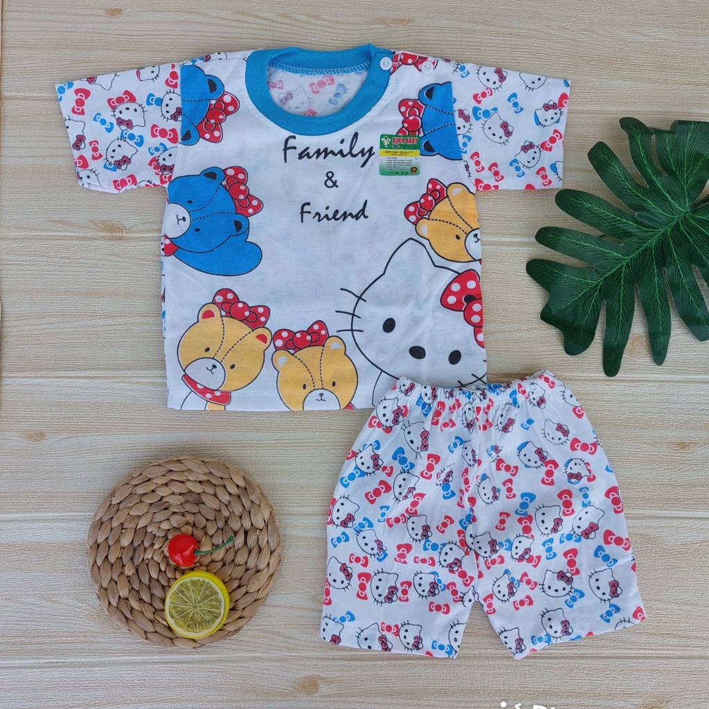 Setelan Piyama Lengan Pendek Motif Kity baju bayi anak Premium usia 3-12 bulan kancing