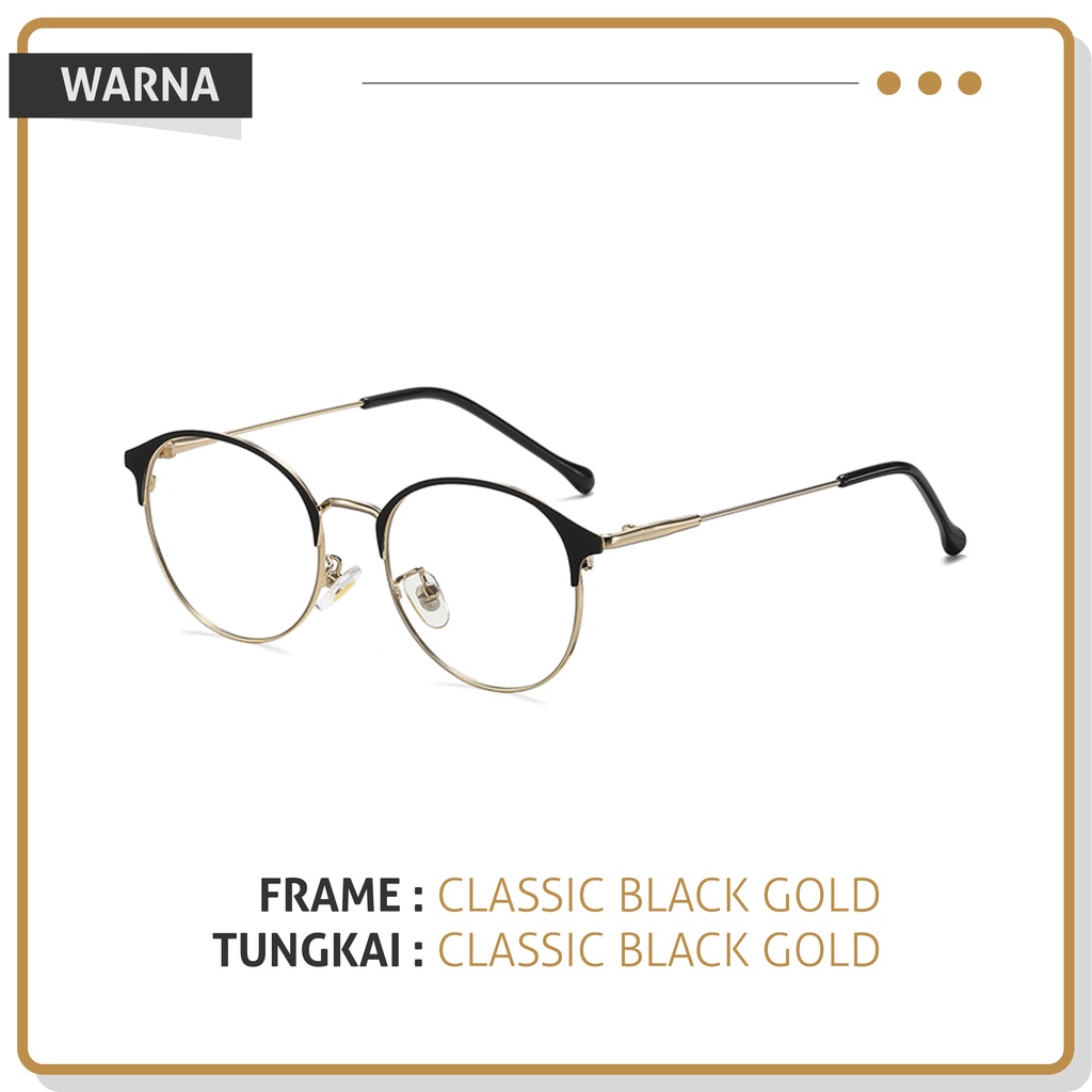 Colore.in Kacamata Anti Radiasi Lensa Minus Photocromic Anti Blueray Wanita Pria Terbaru Kacamata Fashion Metal Bentuk Bulat Anti Silau Frame Kacamata Komputer 9810-Black Gold