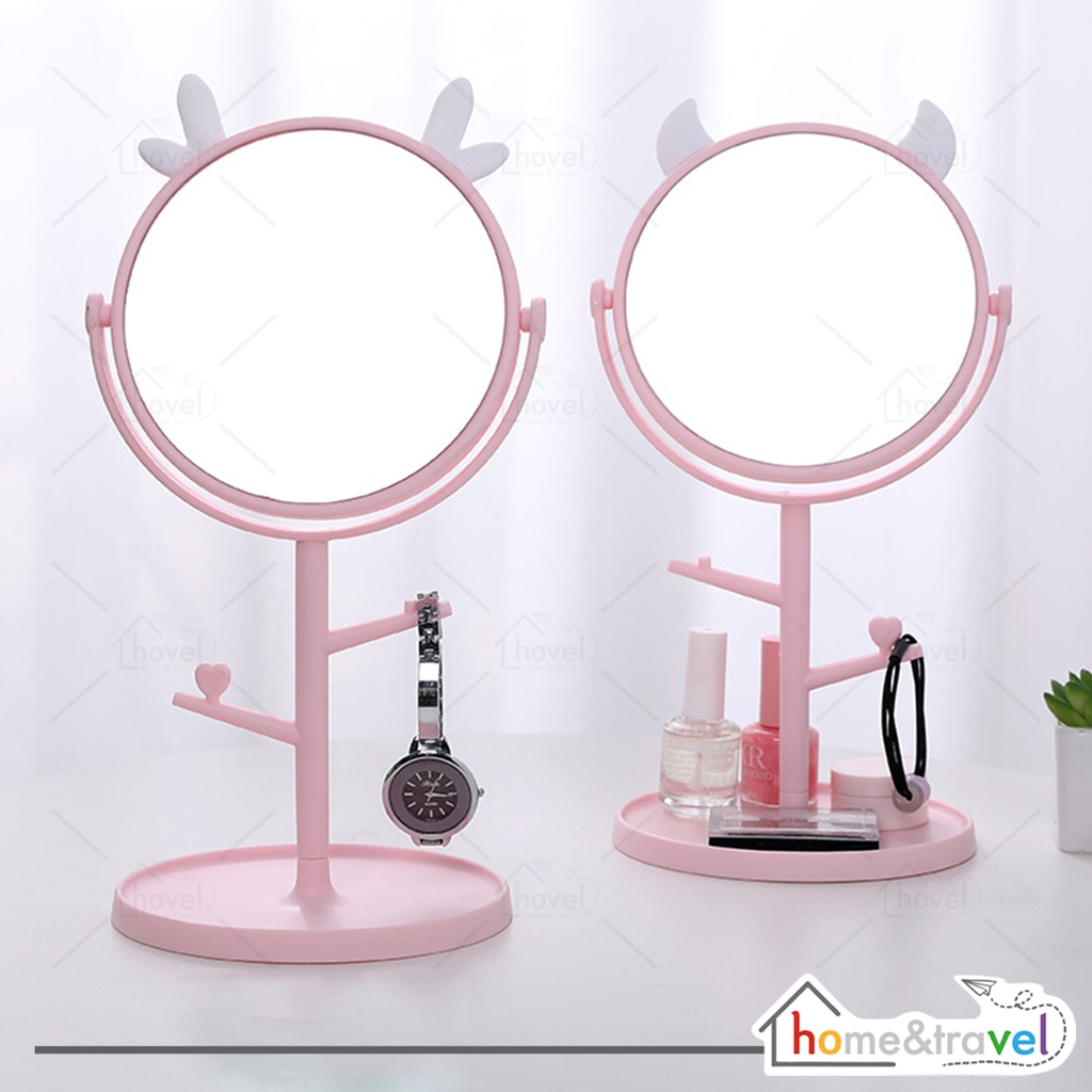 HOVELSHOP Cermin Make Up Bulat Kaca Meja Rias Standing Mirror Motif Telinga Lucu