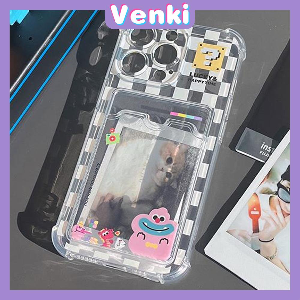 Case iPhone 14 Pro Max Card Holder Transparent Back Cover Card Storage Checkerboard Cute Monster Camera Protection Shockproof For iPhone 14 13 12 11 Plus Pro Max 7 Plus X XR