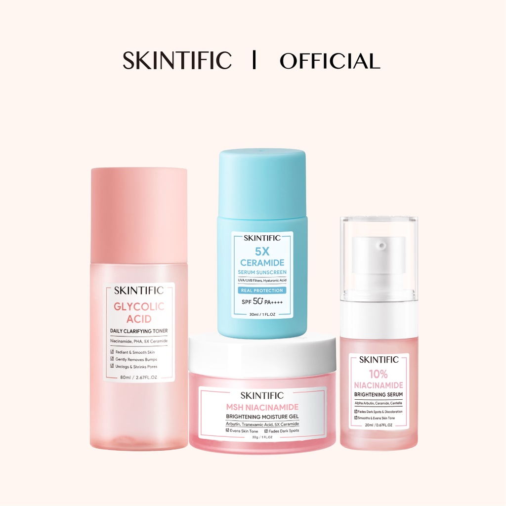 SKINTIFIC Skincare Set 4 PCS Niacinamide Moisturizer + Brightening Serum + Glycolic Acid Toner + 5x Ceramide Sunscreen