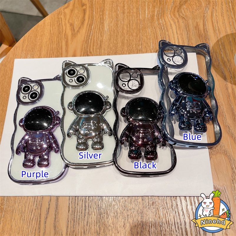 IPHONE Casing Kompatibel Untuk Iphone14 13 12 11 Pro Max Xr Xs Max Se8 7 Plus Telinga Kucing Plating Jernih Casing Ponsel Perlindungan Lensa Dengan Braket Astronot Shockproof Soft Case Cover Pelindung