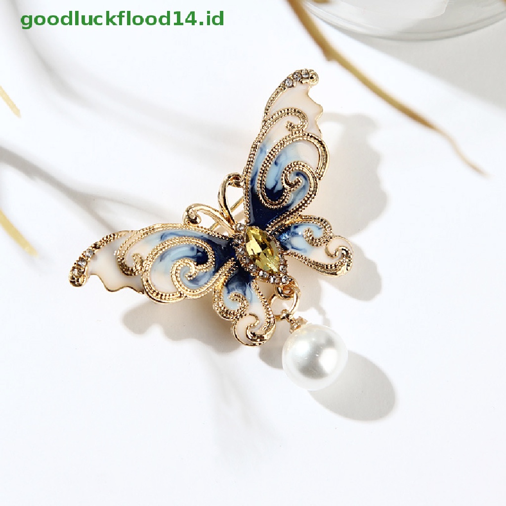 [GOOGFOUR] Fashion Wanita Kupu-Kupu Pin Berlian Imitasi Enamel Mutiara Serangga Bros Pin Perhiasan [TOP]