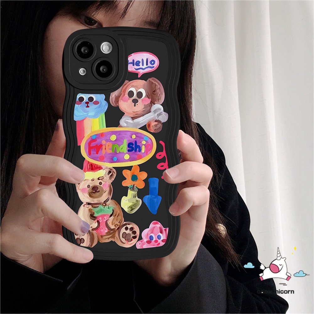 IPHONE Kartun Grafiti Anjing Lucu Populer Gadis Lucu Stiker Pasangan Casing Kompatibel Untuk Iphone11 14 13 12 Pro Max 6 6s 8 7 Plus XR 14Plus X XS Max SE 2020 Lembut Bergelombang Edge Case