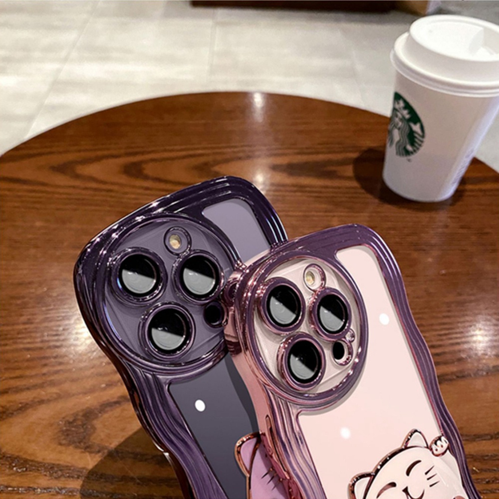 IPHONE 2023mewah Plating Fortune Cat Stand Holder Phone Case Untuk Iphone14 Pro Max13 12 11 Pro Max14 Plus Silikon Lembut Case Kickstand Casing Bening