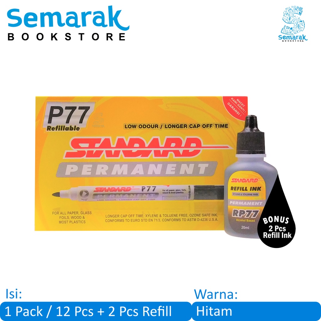 

Standard P77 Permanent Marker Spidol Papan Tulis Tidak Dapat Dihapus + Refill Ink - Hitam [1 Pack / 12 Pcs]