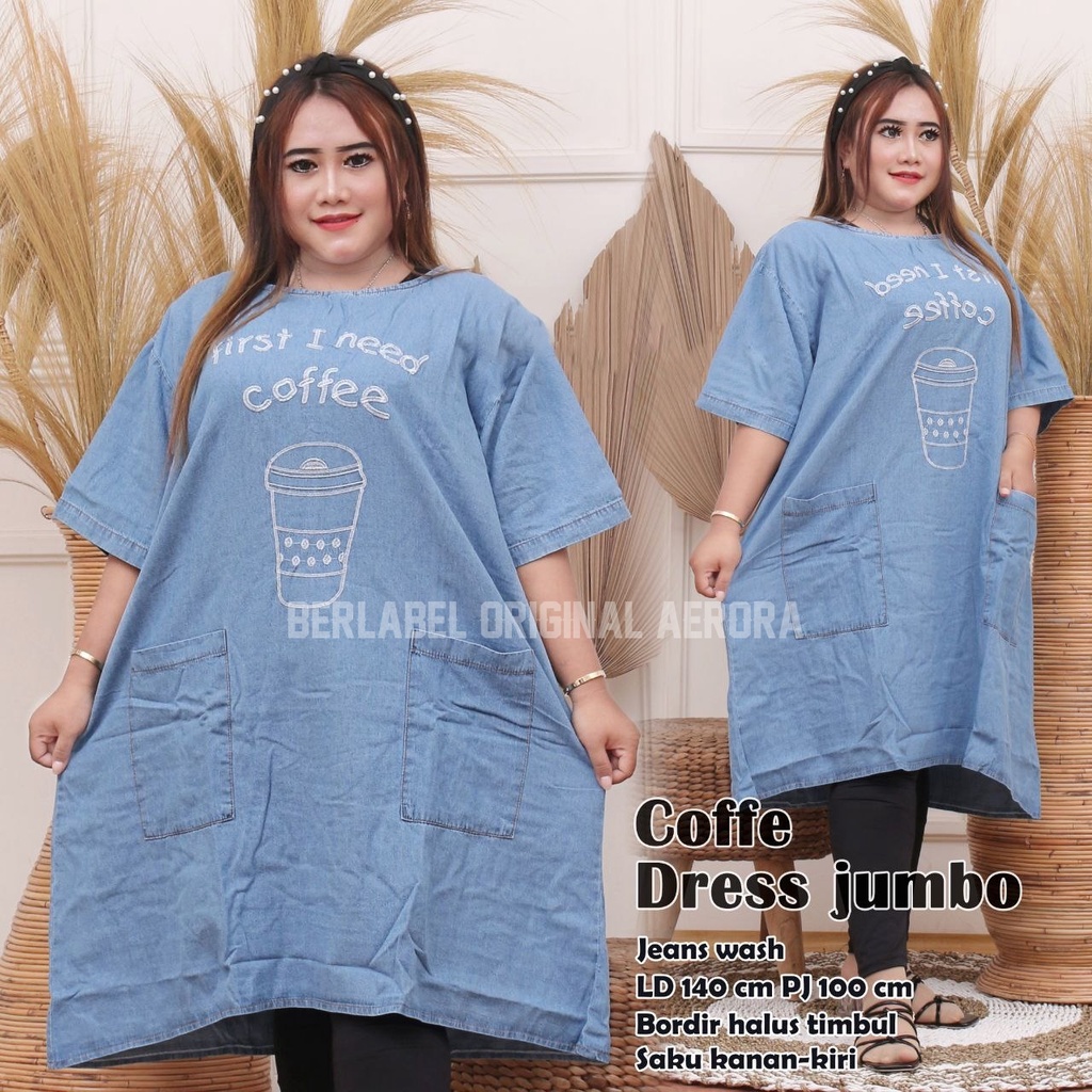 Baju Atasan Tunik Jeans Denim Jumbo Wanita Terbaru 2023 Premium Bordir Halus Unik Kekinian Ld 140 P 100 New Coffe Dress Allsize