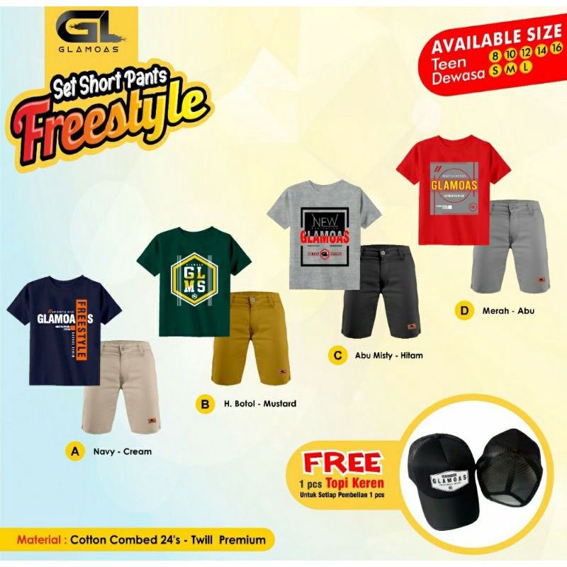 (Usia 8-16 Th dan Dewasa) SETELAN ANAK REMAJA SET BAGUS FREESTYLE FREE TOPI BY GLAMOAS / ATASAN KAOS