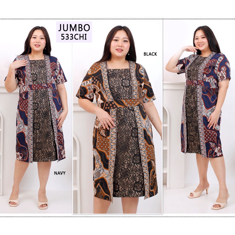 BIGCLO - (COD) LD 110-120cm Dress Pesta Jumbo Batik Katun Bigsize Kombinasi Brokat Mewah vol55d