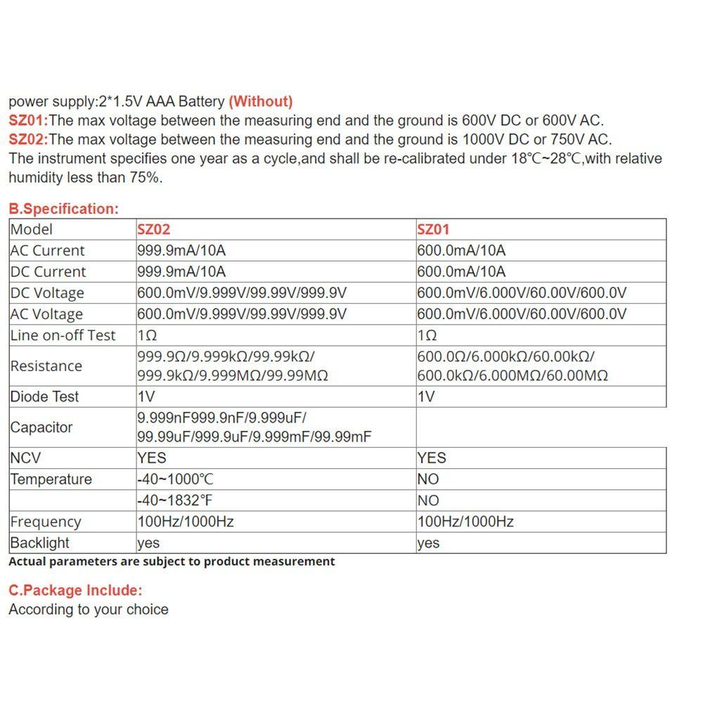 Nanas Smart Digital Multimeter ANENG SZ02 Auto-Ranging Temp Resistance Transistor Testers Pengukur Kapasitansi Listrik