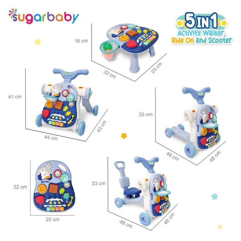 Sugarbaby 5in1 Activity Walker, Ride-On and Scooter/Push walker/Activity walker/Baby walker  Baby Walker 5 in 1 Push Walker Alat Belajar Jalan Bayi Sugar Baby Walker &amp; Table Push Walker Baby Walker Mini Car scooter