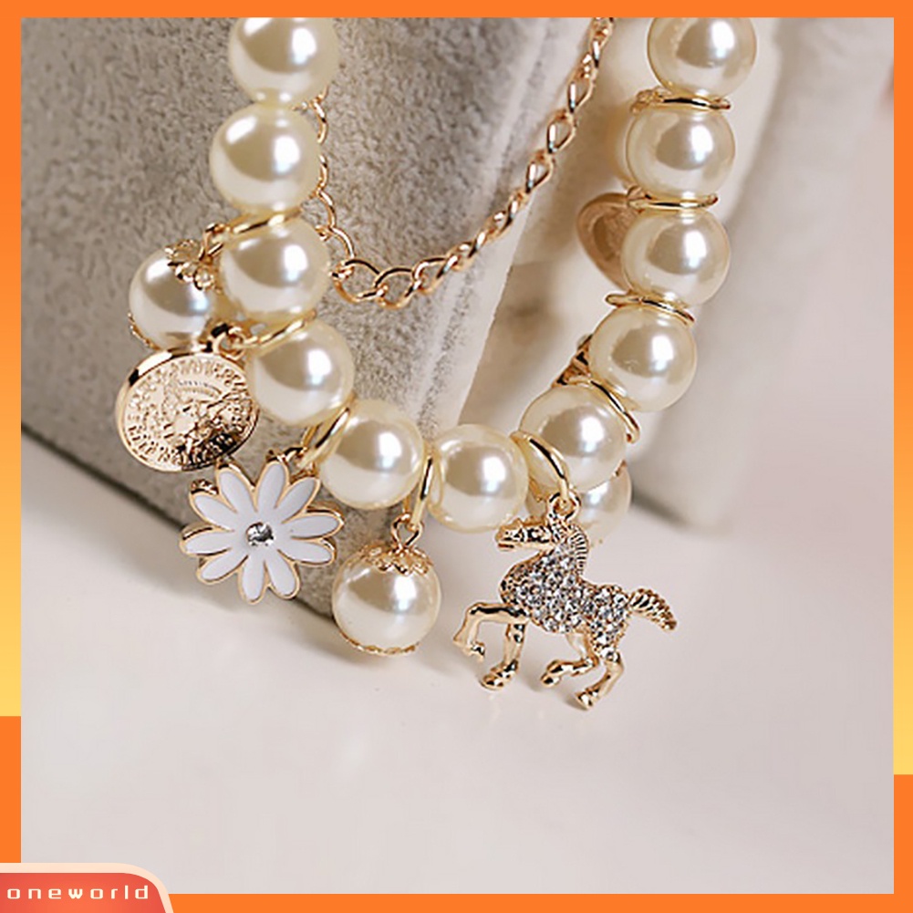 {oneworld} Horse Flower Charm Wanita Gelang Mutiara Imitasi Pesta Bangle Hadiah Fashion Perhiasan