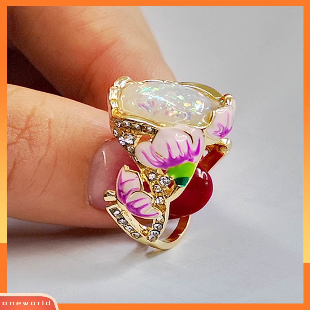 {oneworld} Elegan Wanita Berlian Imitasi Imitasi Opal Hias Lotus Floral Cincin Pesta Perhiasan Hadiah