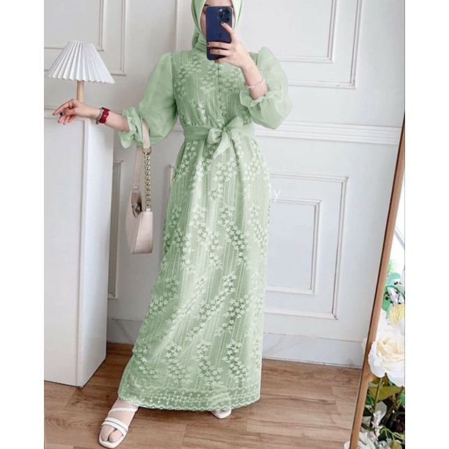 LUIS Dress Baju Gamis Brukat Tile Remaja Dewasa Seragam Pesta Wanita Muslim - Sage Green Hijau Sage 