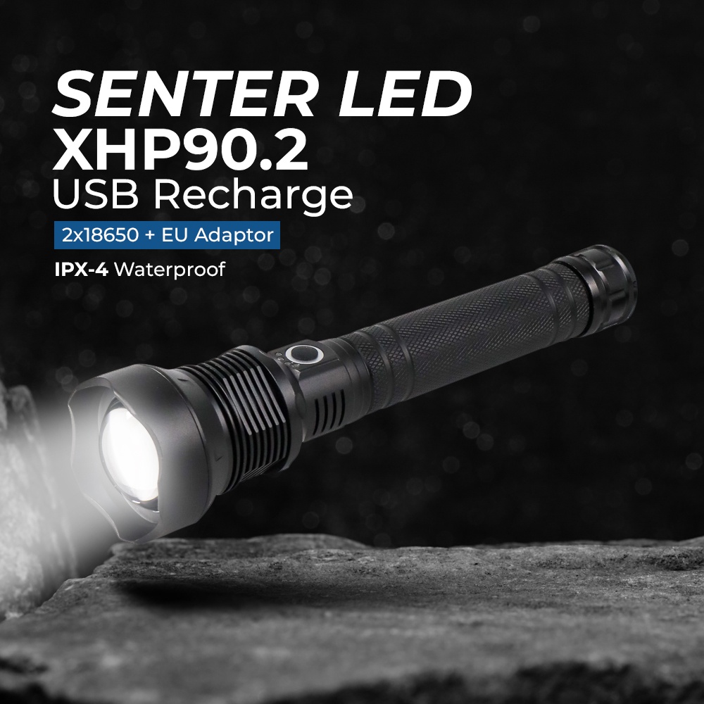 1 Paket - Senter LED XHP90 2x18650 + EU Adaptor - Senter Super Terang Long Range xhp 90 new