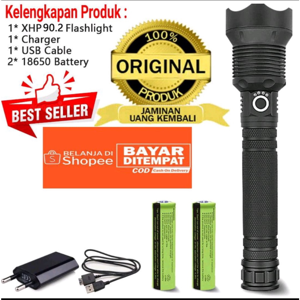 Senter LED Super Terang Jarak Jauh Original 100% XHP90 Original 90.000 Lumens