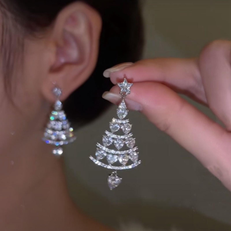 Mewah Pohon Natal Kristal Zirkon Anting Telinga Stud Drop Menjuntai Wanita Perhiasan