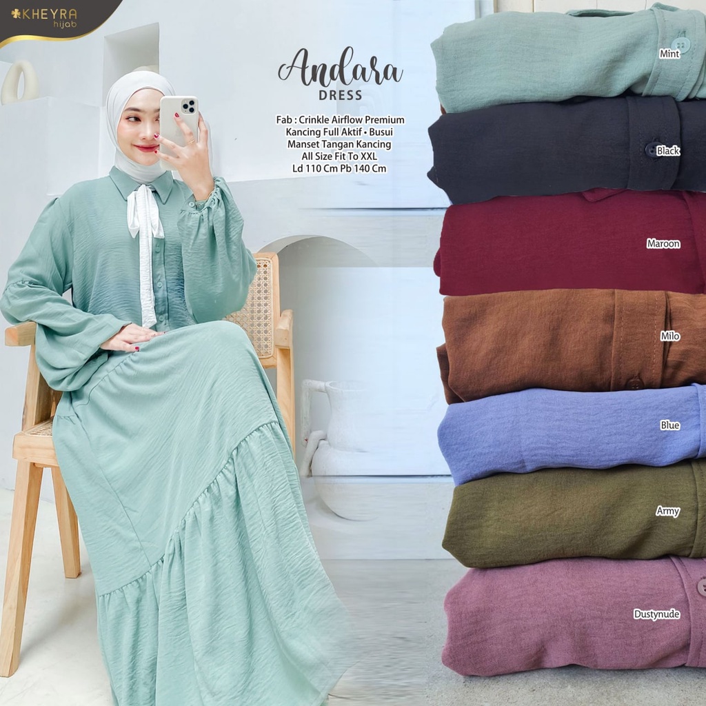 ANDARA DRESS BY KHEYRA TERUSAN DRESS MAXI ABAYA WANITA MUSLIMAH JUMBO POLOS BAHAN CRINKLE AIRFLOW PR