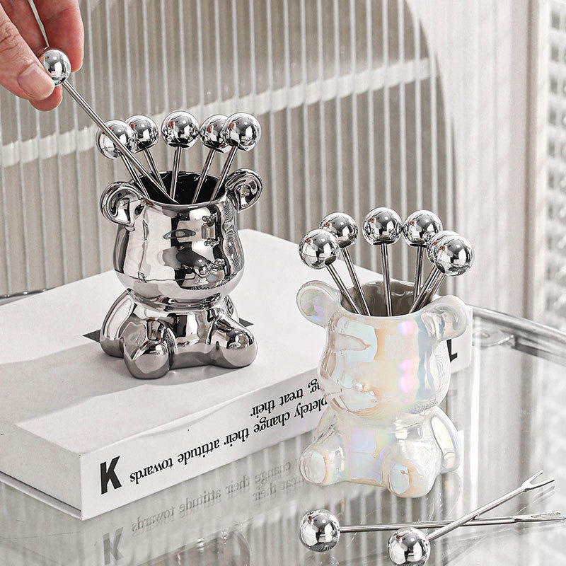 Mi.more Fruit Dessert Fork Keramik Holder Set (1Pc Holder+6Pcs Fork)/ Garpu Buah Stainless Steel