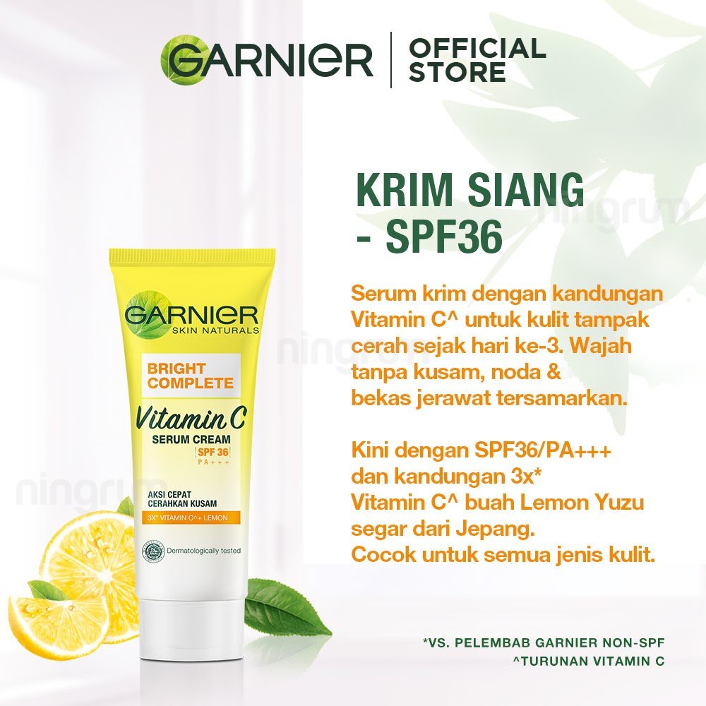 Ningrum - Garnier Bright Complete Vitamin C Serum Day Cream SPF 36/PA+++ 20/50 ml | Krim Pagi Siang Kuning Yuzu Mousturizer Vit C Skincare Pelembab Wajah Original BPOM - 8309