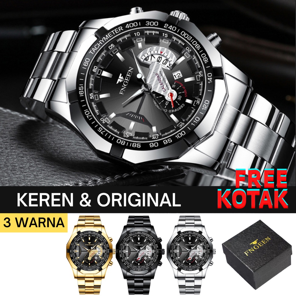 Jam Tangan Pria Analog Stainless Steel Quartz Tahan Air + Kotak