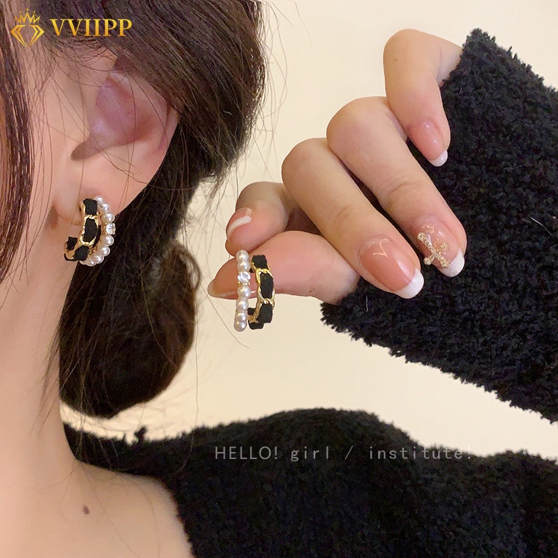 Anting Mutiara Lapisan Ganda Untuk Wanita Beludru Emas Hoop Earring Perhiasan Aksesoris