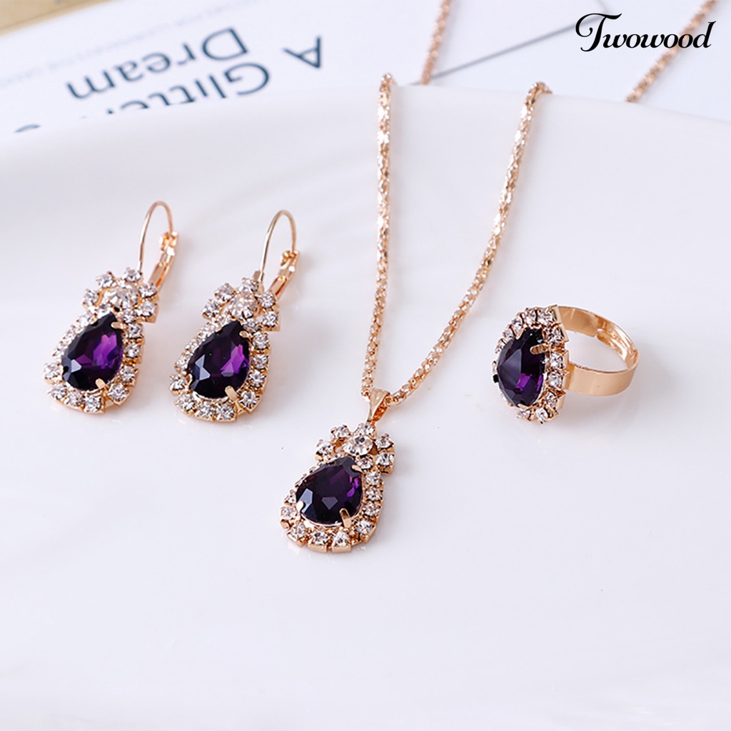 Twowood Set Perhiasan Eye-catching Mudah Senada Wanita Tetesan Air Berlian Imitasi Mengkilap Kalung Cincin Anting Untuk Pesta