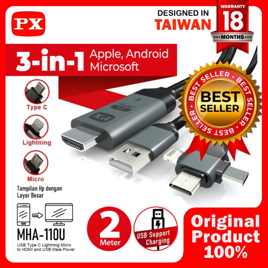 PX MHA 110U 3in1 Pan PX Kabel HDMI to Micro USB Type C Lightning ke TV