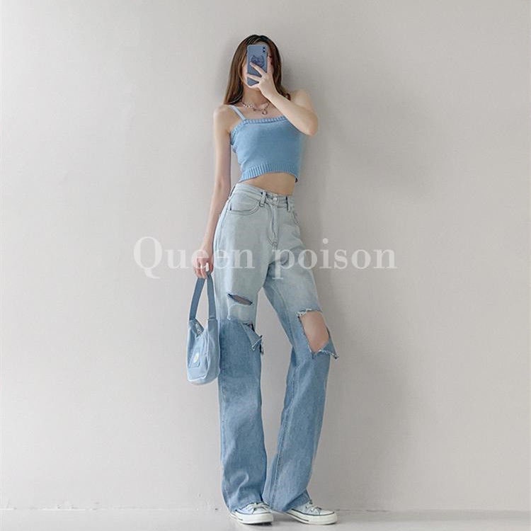 Red Jeans wanita street shooting hot girls warna gradien lubang BF high waist slim straight wide leg pants loose drape mopping pants