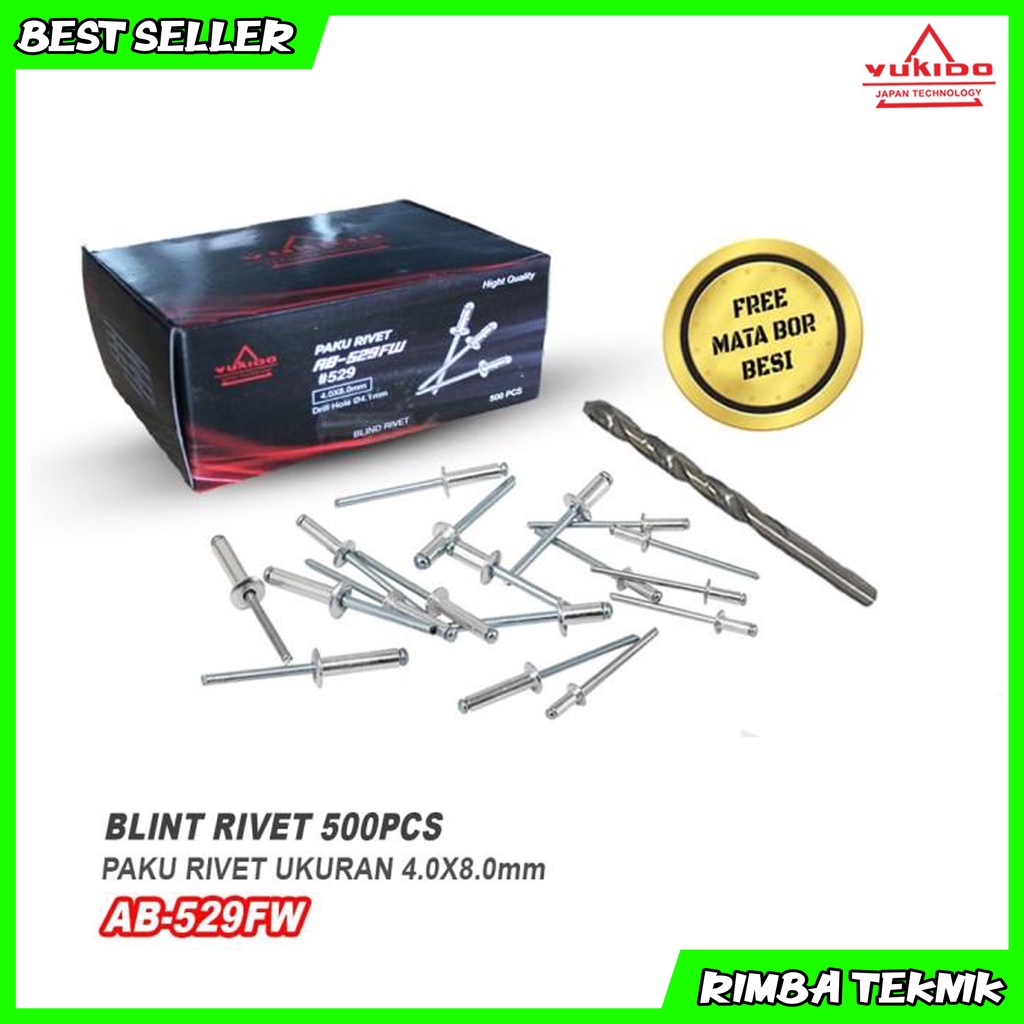 YUKIDO paku rivet tembak 529 isi 500 pcs free mata bor besi 4 mm x 8 mm